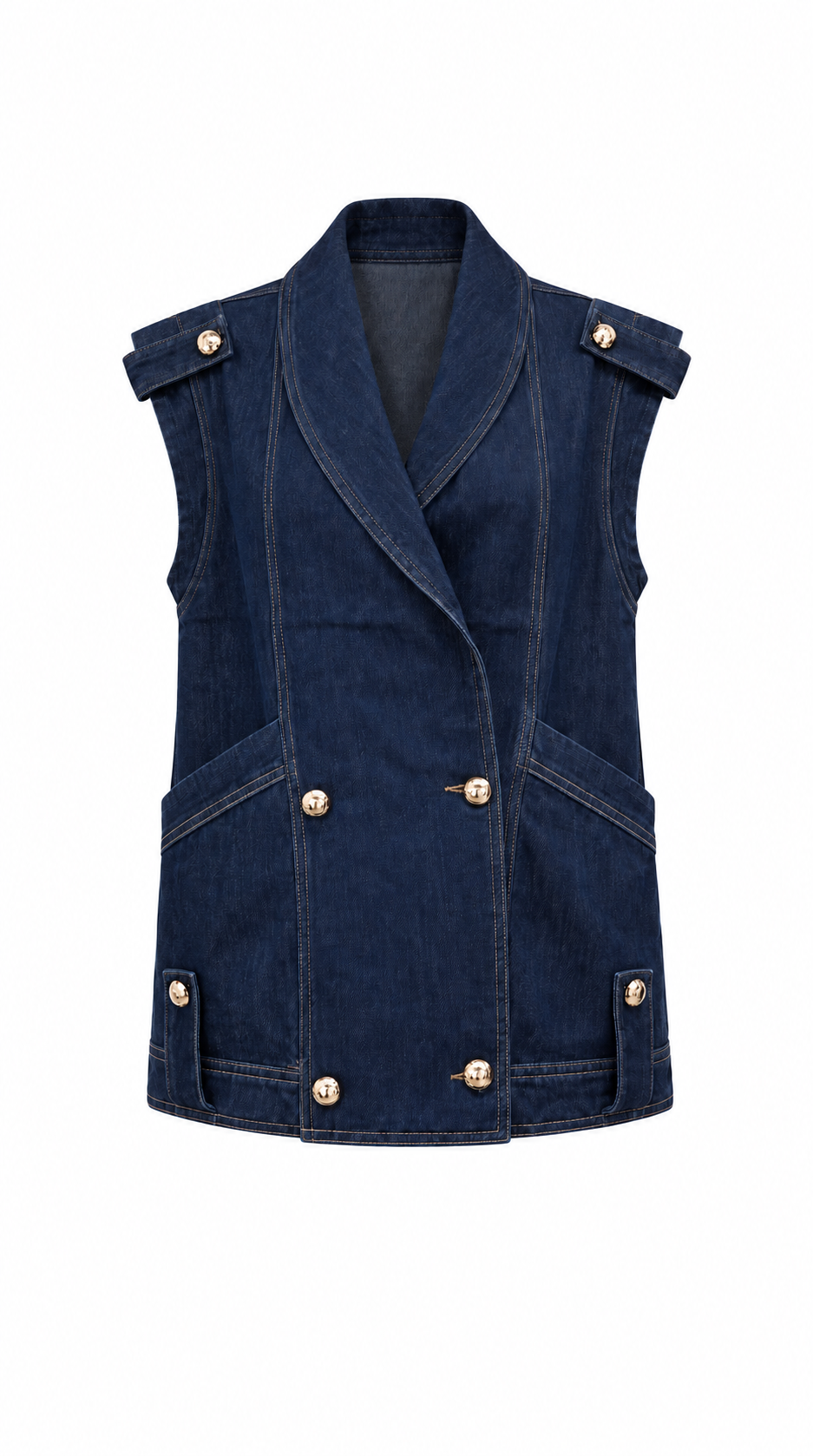 Kadın Lacivert Kuşaklı Metal Düğme Detaylı Kolsuz Denim Ceket - Görsel 2