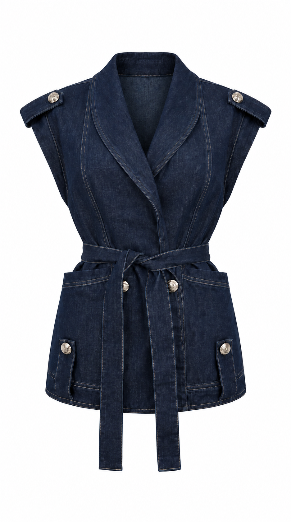 Kadın Lacivert Kuşaklı Metal Düğme Detaylı Kolsuz Denim Ceket - Görsel 4